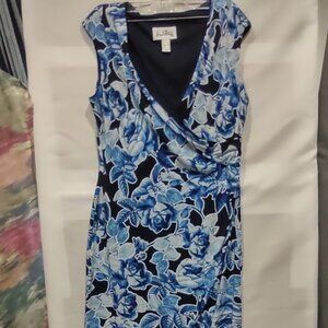 JOSEPH RIBKOFF BLUE FLORAL SLEEVELESS DRESS RAYON LINED BODICE MADE IN CANADA 14